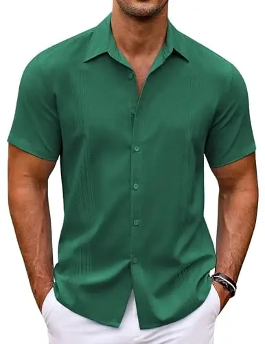 COOFANDY Men's Cuban Guayabera Shirt Short Sleeve Button Down Shirts Casual Summer Beach Shirts - MODAZONE