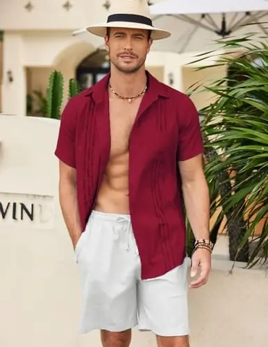 COOFANDY Mens Cuban Guayabera Shirt Short Sleeve Linen Button Down Shirts Casual Summer Beach Tops - 3