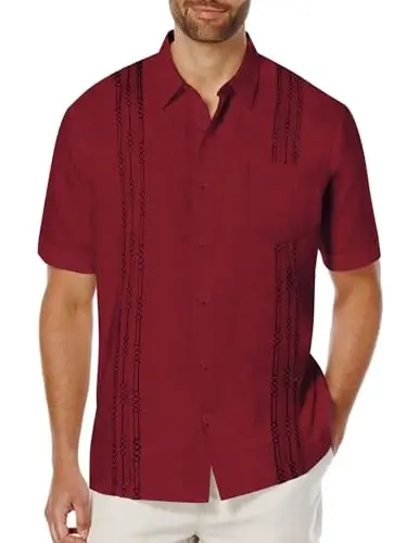 COOFANDY Mens Cuban Guayabera Shirt Short Sleeve Linen Button Down Shirts Casual Summer Beach Tops 