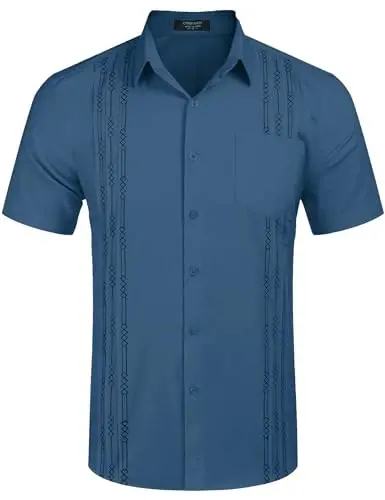 COOFANDY Mens Cuban Guayabera Shirt Short Sleeve Linen Button Down Shirts Casual Summer Beach Tops - 4