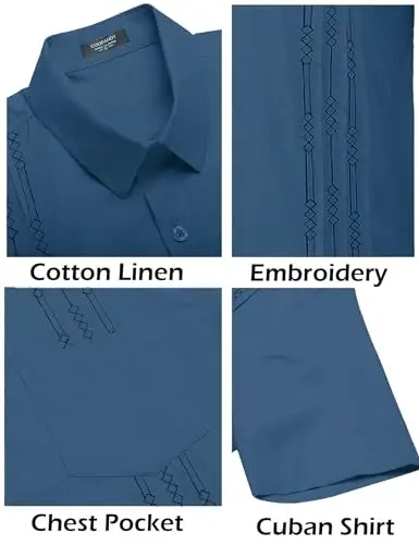 COOFANDY Mens Cuban Guayabera Shirt Short Sleeve Linen Button Down Shirts Casual Summer Beach Tops - 5