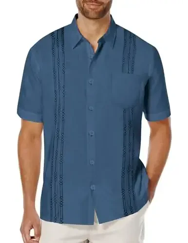 COOFANDY Mens Cuban Guayabera Shirt Short Sleeve Linen Button Down Shirts Casual Summer Beach Tops - COOFANDY