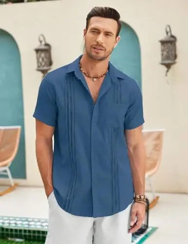 COOFANDY Mens Cuban Guayabera Shirt Short Sleeve Linen Button Down Shirts Casual Summer Beach Tops - 2