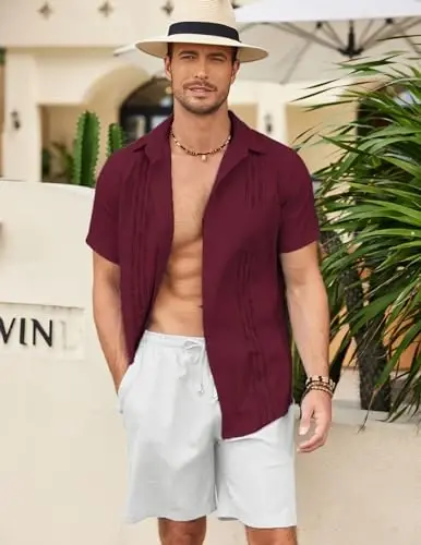 COOFANDY Mens Cuban Guayabera Shirt Short Sleeve Linen Button Down Shirts Casual Summer Beach Tops - 3