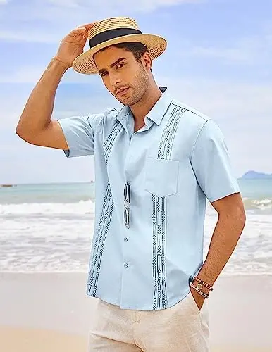 COOFANDY Mens Cuban Guayabera Shirt Short Sleeve Linen Button Down Shirts Casual Summer Beach Tops - 2
