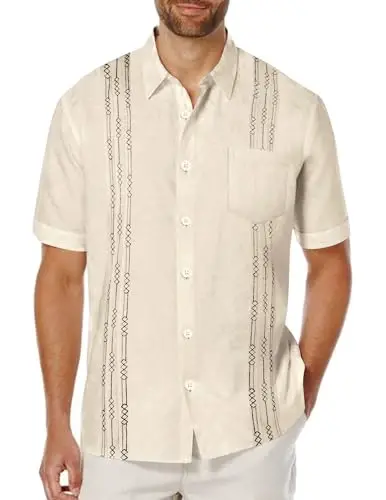 COOFANDY Mens Cuban Guayabera Shirt Short Sleeve Linen Button Down Shirts Casual Summer Beach Tops 