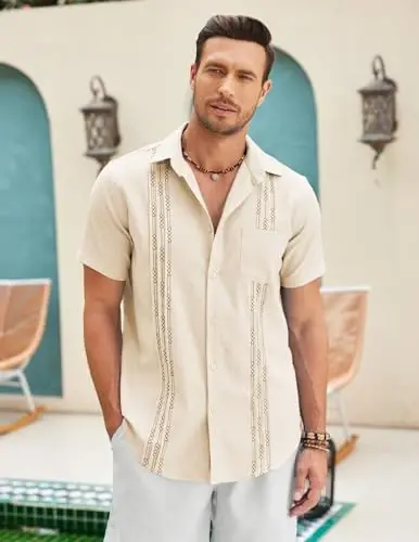COOFANDY Mens Cuban Guayabera Shirt Short Sleeve Linen Button Down Shirts Casual Summer Beach Tops - 3
