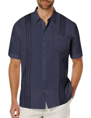 COOFANDY Mens Cuban Guayabera Shirt Short Sleeve Linen Button Down Shirts Casual Summer Beach Tops - MODAZONE