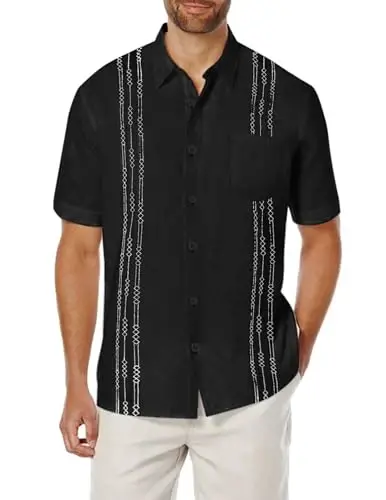 COOFANDY Mens Cuban Guayabera Shirt Short Sleeve Linen Button Down Shirts Casual Summer Beach Tops 