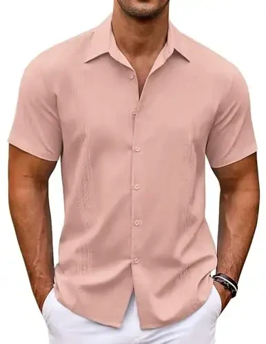 COOFANDY Mens Cuban Guayabera Shirt Short Sleeve Linen Button Down Shirts Casual Summer Beach Tops 