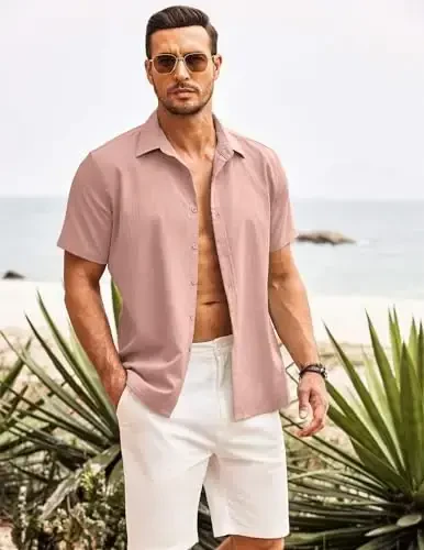 COOFANDY Mens Cuban Guayabera Shirt Short Sleeve Linen Button Down Shirts Casual Summer Beach Tops - COOFANDY (1)