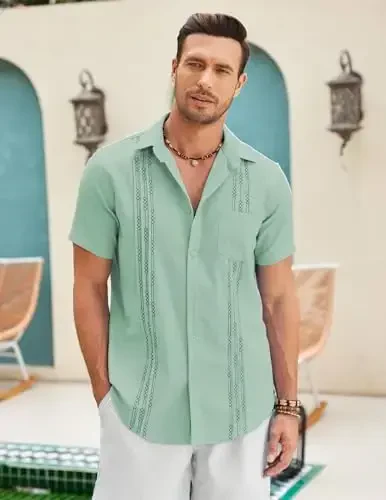 COOFANDY Mens Cuban Guayabera Shirt Short Sleeve Linen Button Down Shirts Casual Summer Beach Tops - COOFANDY (1)
