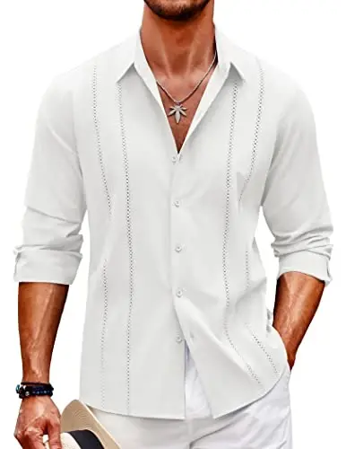 COOFANDY Mens Cuban Guayabera Shirt Casual Button Down Shirts Long Sleeve Summer Beach Shirts - COOFANDY