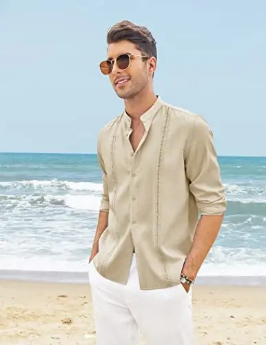 COOFANDY Men's Cuban Guayabera Shirts Casual Long Sleeve Button Down Shirts Band Collar Linen Summer Beach Shirts - MODAZONE (1)