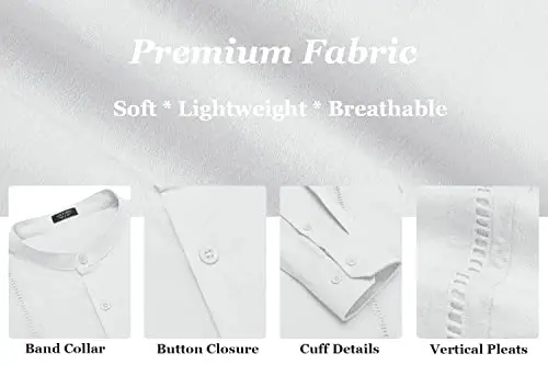 COOFANDY Men's Cuban Guayabera Shirt Casual Long Sleeve Button Down Shirts Band Collar Linen Summer Beach Shirt - 6