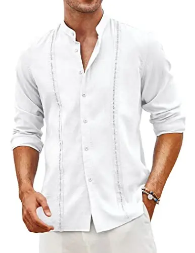 COOFANDY Erkek Küba Guayabera Gömlekler Günlük Uzun Kollu Düğmeli Gömlekler Hakim Yaka Keten Yazlık Plaj Gömlekleri 