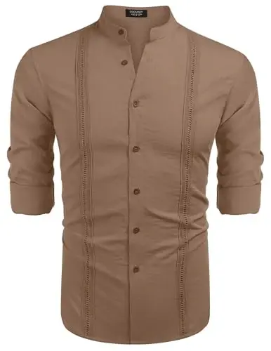 COOFANDY Men's Cuban Guayabera Shirt Casual Long Sleeve Button Down Shirts Band Collar Linen Summer Beach Shirt - 5