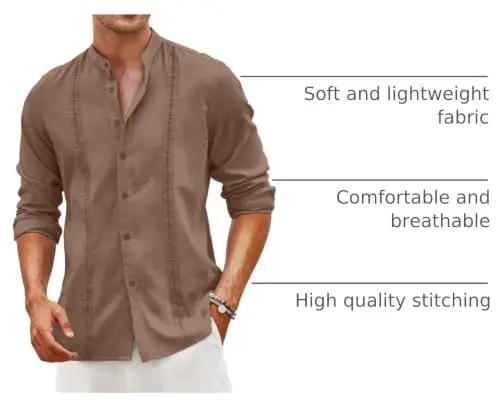 COOFANDY Erkek Küba Guayabera Gömlekler Günlük Uzun Kollu Düğmeli Gömlekler Hakim Yaka Keten Yazlık Plaj Gömlekleri 