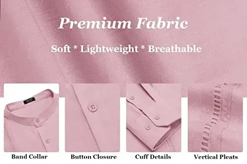 COOFANDY Men's Cuban Guayabera Shirts Casual Long Sleeve Button Down Shirts Band Collar Linen Summer Beach Shirts - 4