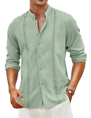 COOFANDY Men's Cuban Guayabera Shirts Casual Long Sleeve Button Down Shirts Band Collar Linen Summer Beach Shirts - 1