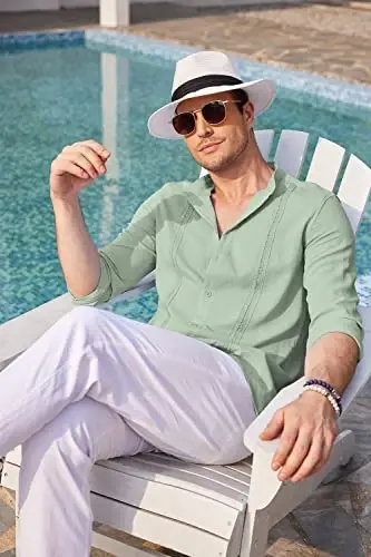 COOFANDY Men's Cuban Guayabera Shirts Casual Long Sleeve Button Down Shirts Band Collar Linen Summer Beach Shirts - 2