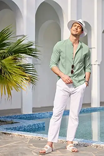 COOFANDY Men's Cuban Guayabera Shirts Casual Long Sleeve Button Down Shirts Band Collar Linen Summer Beach Shirts - 3