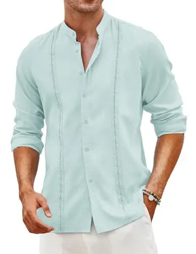 COOFANDY Men's Cuban Guayabera Shirts Casual Long Sleeve Button Down Shirts Band Collar Linen Summer Beach Shirts 