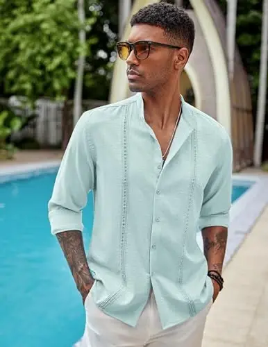 COOFANDY Men's Cuban Guayabera Shirt Casual Long Sleeve Button Down Shirts Band Collar Linen Summer Beach Shirt - 3