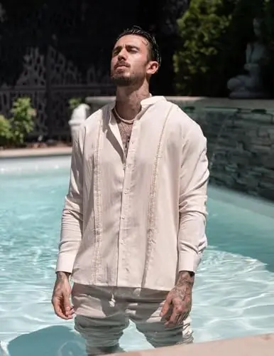 COOFANDY Men's Cuban Guayabera Shirts Casual Long Sleeve Button Down Shirts Band Collar Linen Summer Beach Shirts - 3