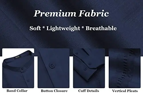 COOFANDY Men's Cuban Guayabera Shirt Casual Long Sleeve Button Down Shirts Band Collar Linen Summer Beach Shirt - 6
