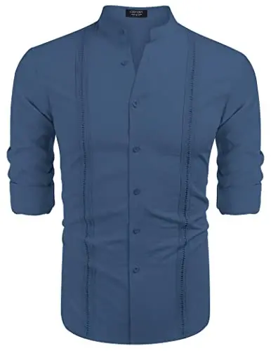 COOFANDY Men's Cuban Guayabera Shirt Casual Long Sleeve Button Down Shirts Band Collar Linen Summer Beach Shirt - 4
