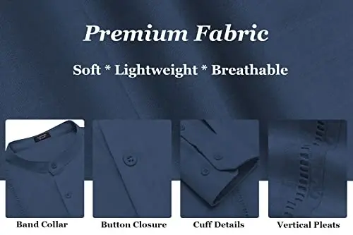 COOFANDY Men's Cuban Guayabera Shirt Casual Long Sleeve Button Down Shirts Band Collar Linen Summer Beach Shirt - 6
