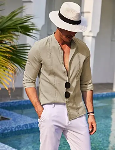 COOFANDY Men's Cuban Guayabera Shirt Casual Long Sleeve Button Down Shirts Band Collar Linen Summer Beach Shirt - 3