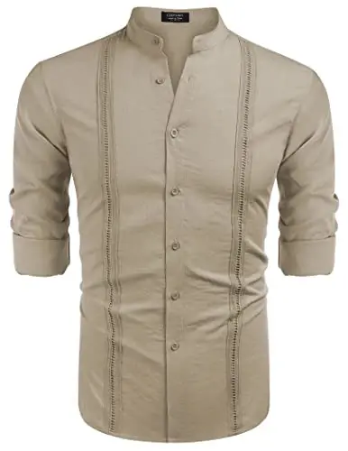 COOFANDY Men's Cuban Guayabera Shirt Casual Long Sleeve Button Down Shirts Band Collar Linen Summer Beach Shirt - 4