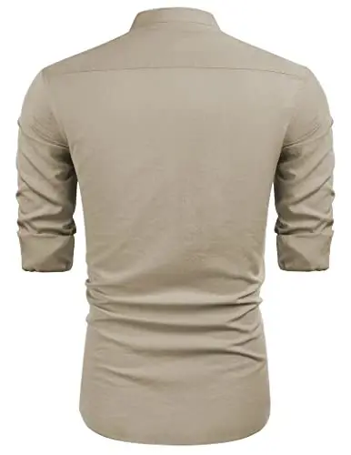 COOFANDY Men's Cuban Guayabera Shirt Casual Long Sleeve Button Down Shirts Band Collar Linen Summer Beach Shirt - 5