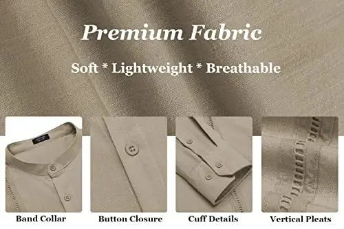 COOFANDY Men's Cuban Guayabera Shirt Casual Long Sleeve Button Down Shirts Band Collar Linen Summer Beach Shirt - 6