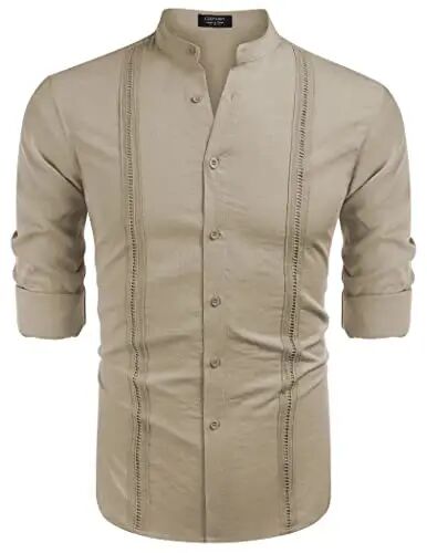 COOFANDY Erkek Küba Guayabera Gömlekleri Günlük Uzun Kollu Düğmeli Gömlekler Band Yaka Keten Yazlık Plaj Gömlekleri - 4