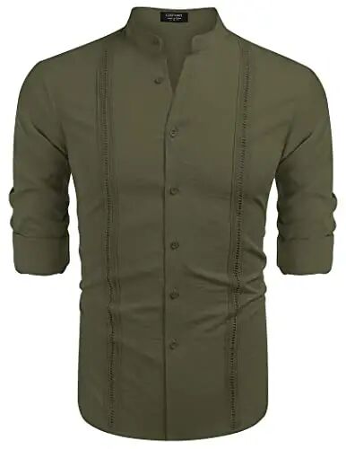 COOFANDY Men's Cuban Guayabera Shirts Casual Long Sleeve Button Down Shirts Band Collar Linen Summer Beach Shirts - 4