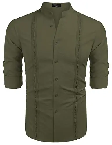 COOFANDY Men's Cuban Guayabera Shirt Casual Long Sleeve Button Down Shirts Band Collar Linen Summer Beach Shirt - 4