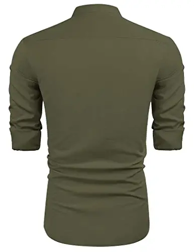 COOFANDY Men's Cuban Guayabera Shirt Casual Long Sleeve Button Down Shirts Band Collar Linen Summer Beach Shirt - 5