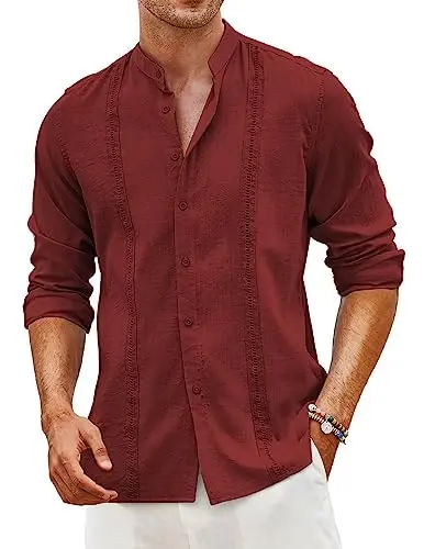 COOFANDY Men's Cuban Guayabera Shirt Casual Long Sleeve Button Down Shirts Band Collar Linen Summer Beach Shirt - COOFANDY