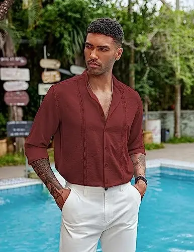 COOFANDY Men's Cuban Guayabera Shirt Casual Long Sleeve Button Down Shirts Band Collar Linen Summer Beach Shirt - 2