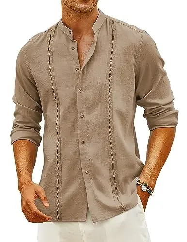COOFANDY Men's Cuban Guayabera Shirt Casual Long Sleeve Button Down Shirts Band Collar Linen Summer Beach Shirt 