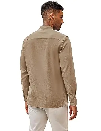 COOFANDY Men's Cuban Guayabera Shirt Casual Long Sleeve Button Down Shirts Band Collar Linen Summer Beach Shirt - 3