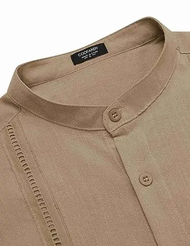COOFANDY Men's Cuban Guayabera Shirt Casual Long Sleeve Button Down Shirts Band Collar Linen Summer Beach Shirt - 5