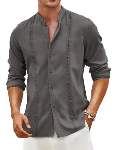 COOFANDY Men's Cuban Guayabera Shirts Casual Long Sleeve Button Down Shirts Band Collar Linen Summer Beach Shirts 
