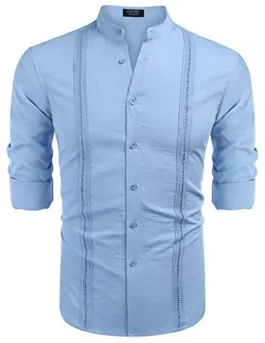COOFANDY Men's Cuban Guayabera Shirts Casual Long Sleeve Button Down Shirts Band Collar Linen Summer Beach Shirts - 4