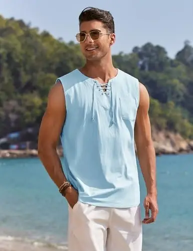 COOFANDY Men's Cotton Linen Tank Top Shirts Casual Sleeveless Lace Up Beach Hippie Tops Bohemian Renaissance Pirate Tunic - 2