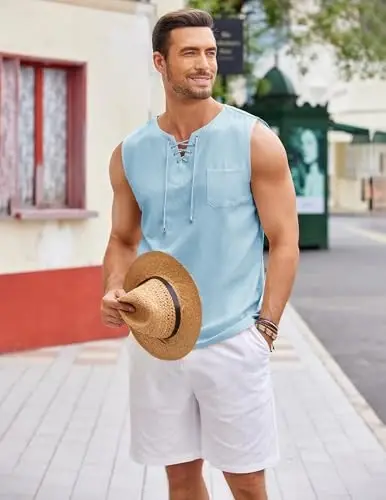 COOFANDY Men's Cotton Linen Tank Top Shirts Casual Sleeveless Lace Up Beach Hippie Tops Bohemian Renaissance Pirate Tunic - 4