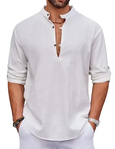 COOFANDY Men's Cotton Linen Henley Shirt Casual Beach Hippie Shirts Long Sleeve T-Shirts - COOFANDY